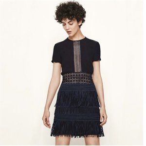 Maje Reia Nuit Fringe Little Black Dress 1 / Small Lace Overlay Mini Cutout NWOT